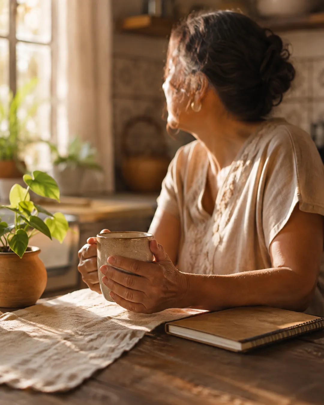 Mujer mayor pensativa junto a la ventana con una taza